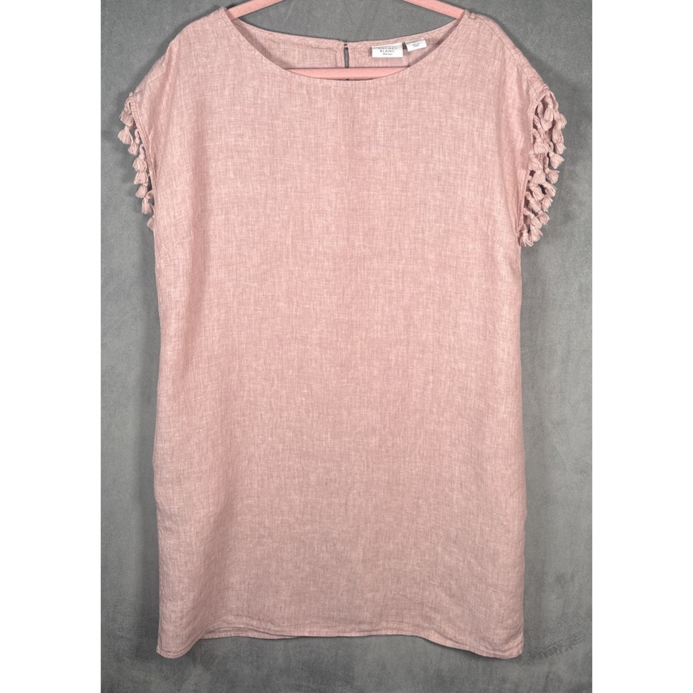 Antibes Blanc 100% Linen Dress Women's Sz L Pink Tassel Sleeve Shift Boho Summer